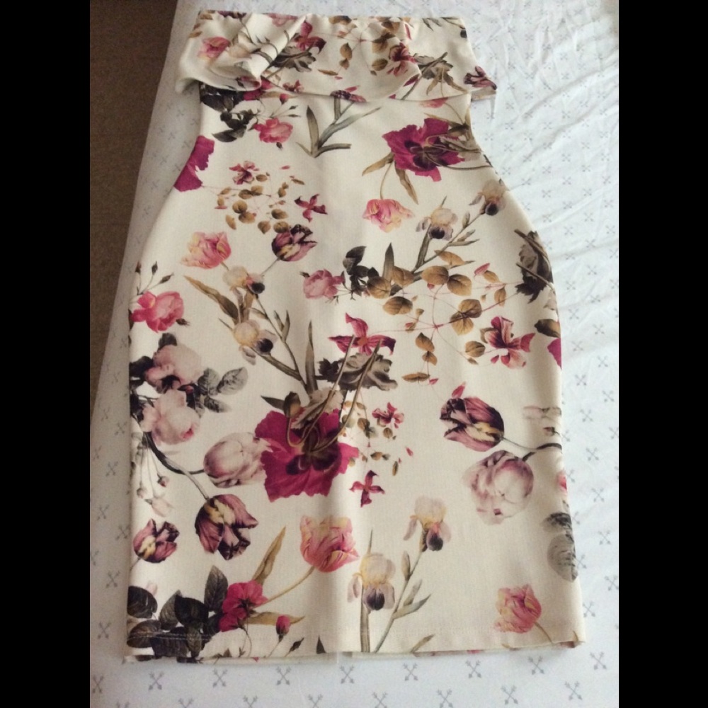 Asos Floral Strapless Ruffle Midi Dress